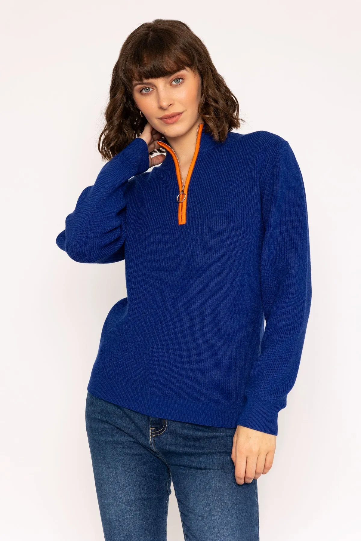 1/4 Zip Placket Contrast Knit Jumper in Cobalt Blue