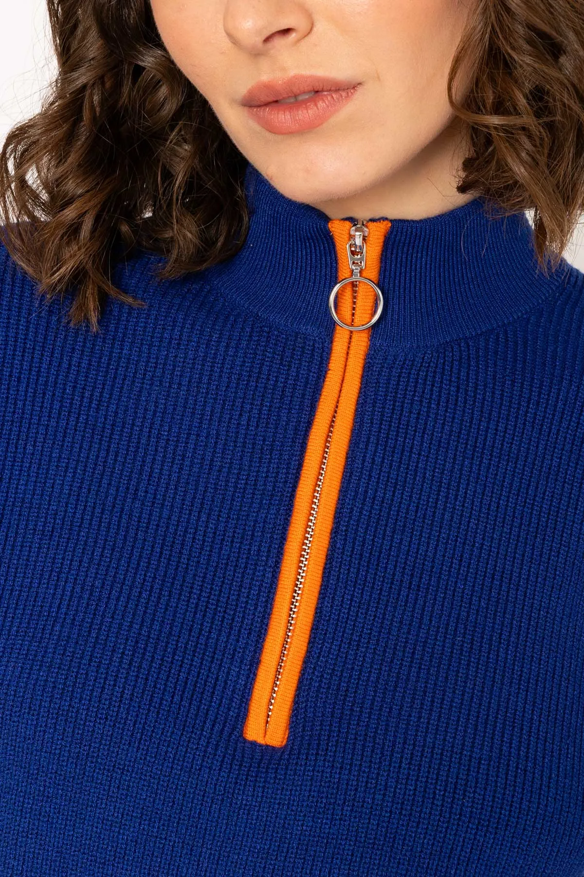 1/4 Zip Placket Contrast Knit Jumper in Cobalt Blue
