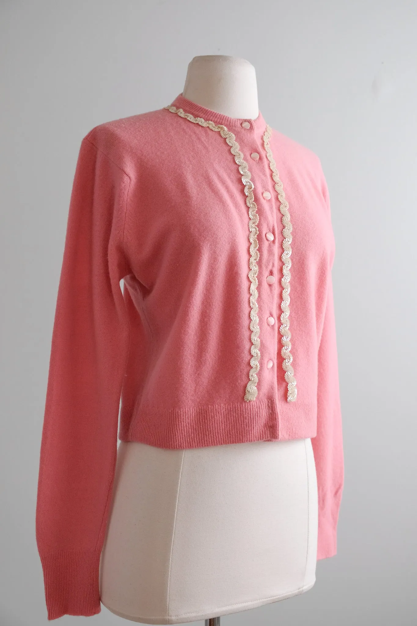 Absolutely Darling 1950's Baby Pink Wool Cardigan Sweater/ Sz M