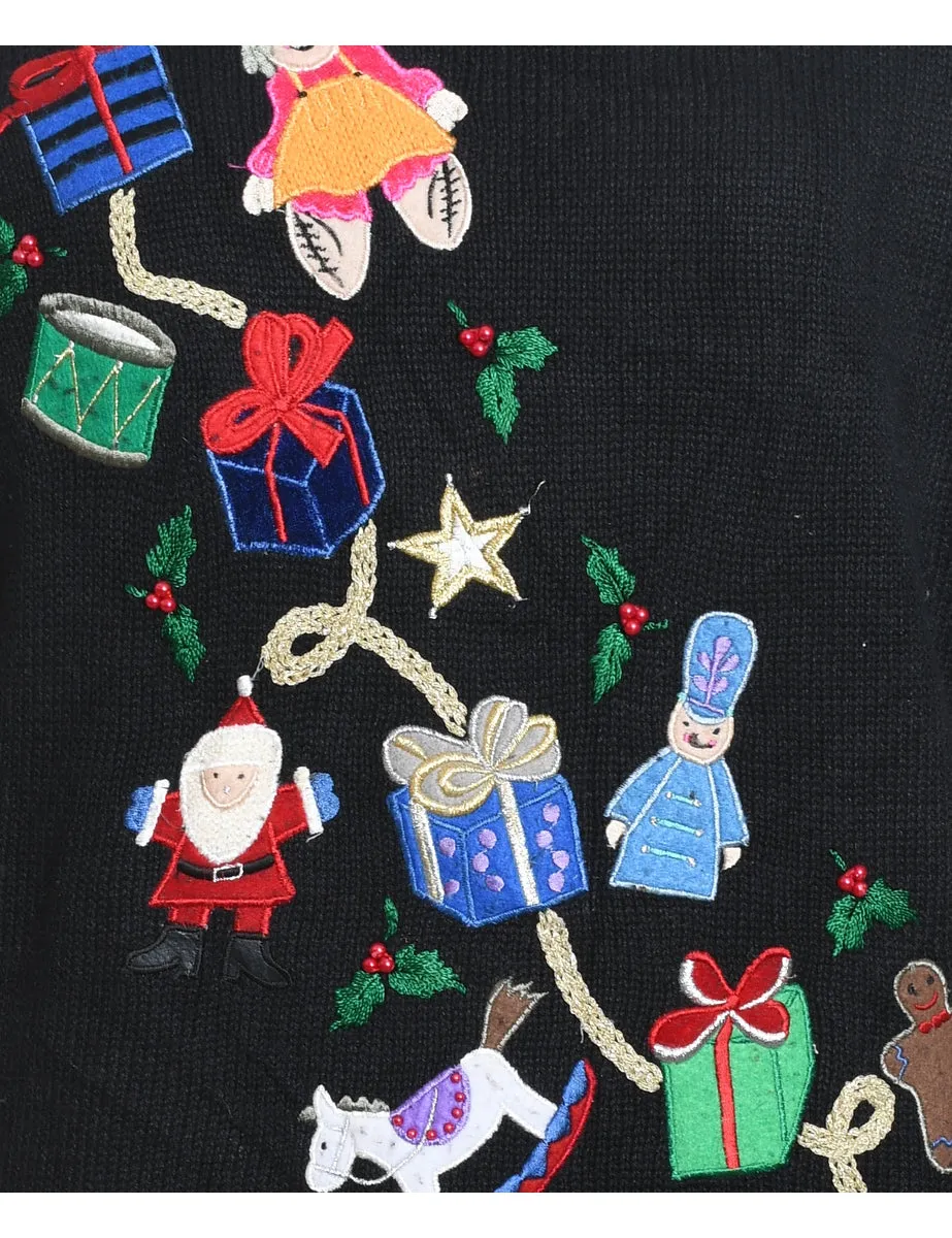 Black Appliqued Christmas Jumper - M
