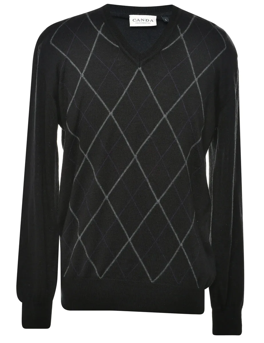 Black Argyle Jumper - L