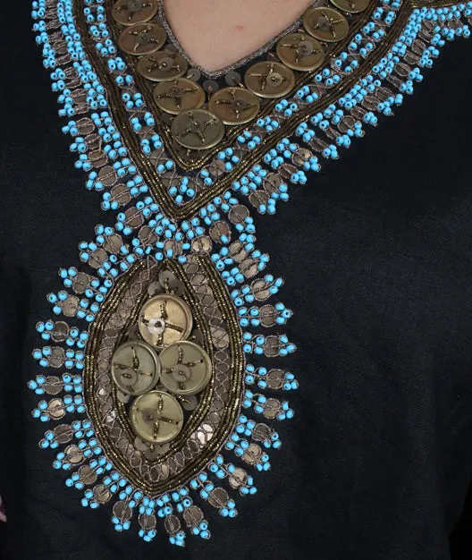Black Linen Embellished Gold Coin long-sleeve Tunic Top XL