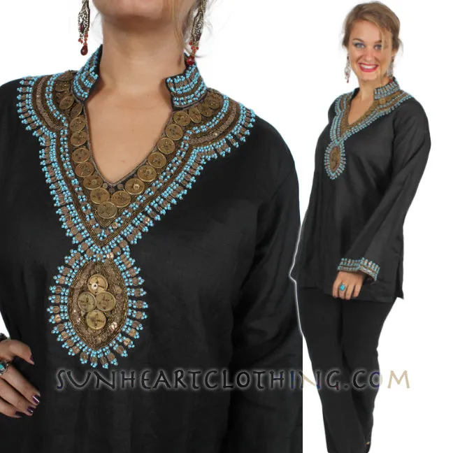 Black Linen Embellished Gold Coin long-sleeve Tunic Top XL