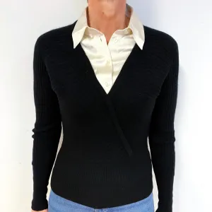 Black Mock Shirt Cashmere V-Neck Jumper Medium
