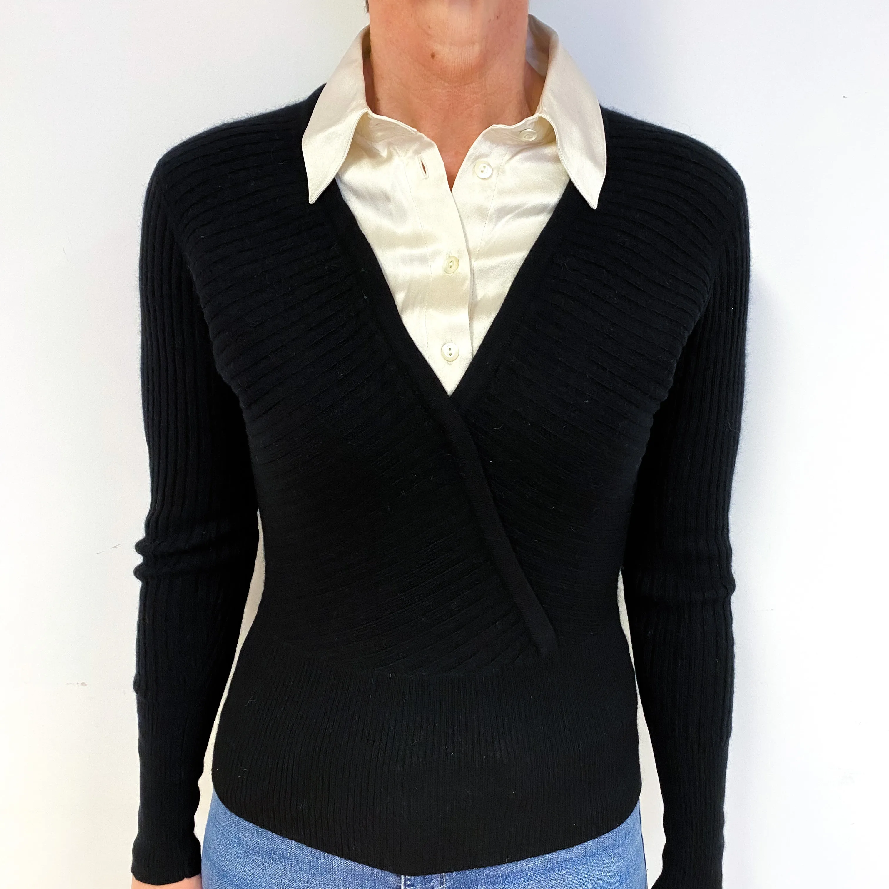 Black Mock Shirt Cashmere V-Neck Jumper Medium