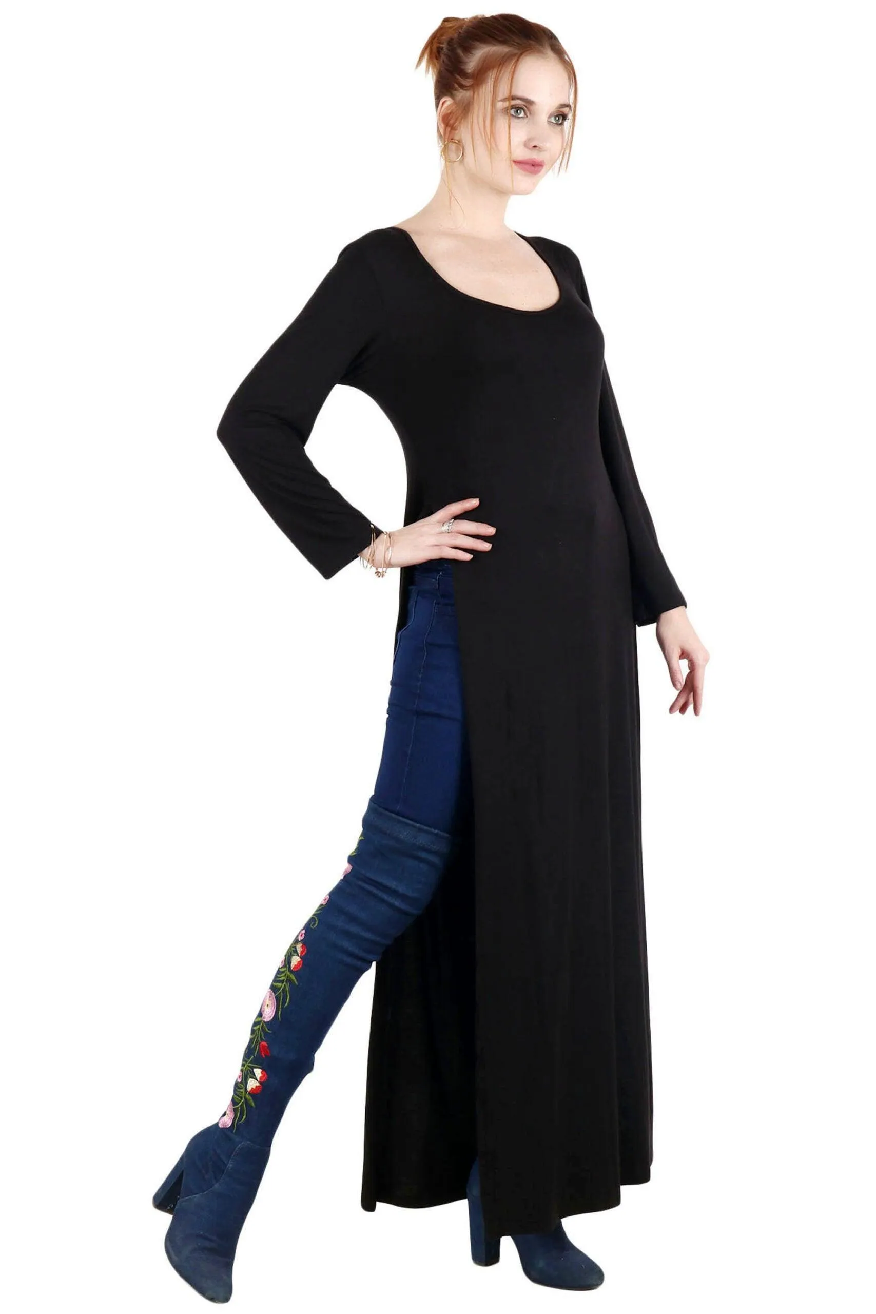 Black Solid Long Side Slit Tunic