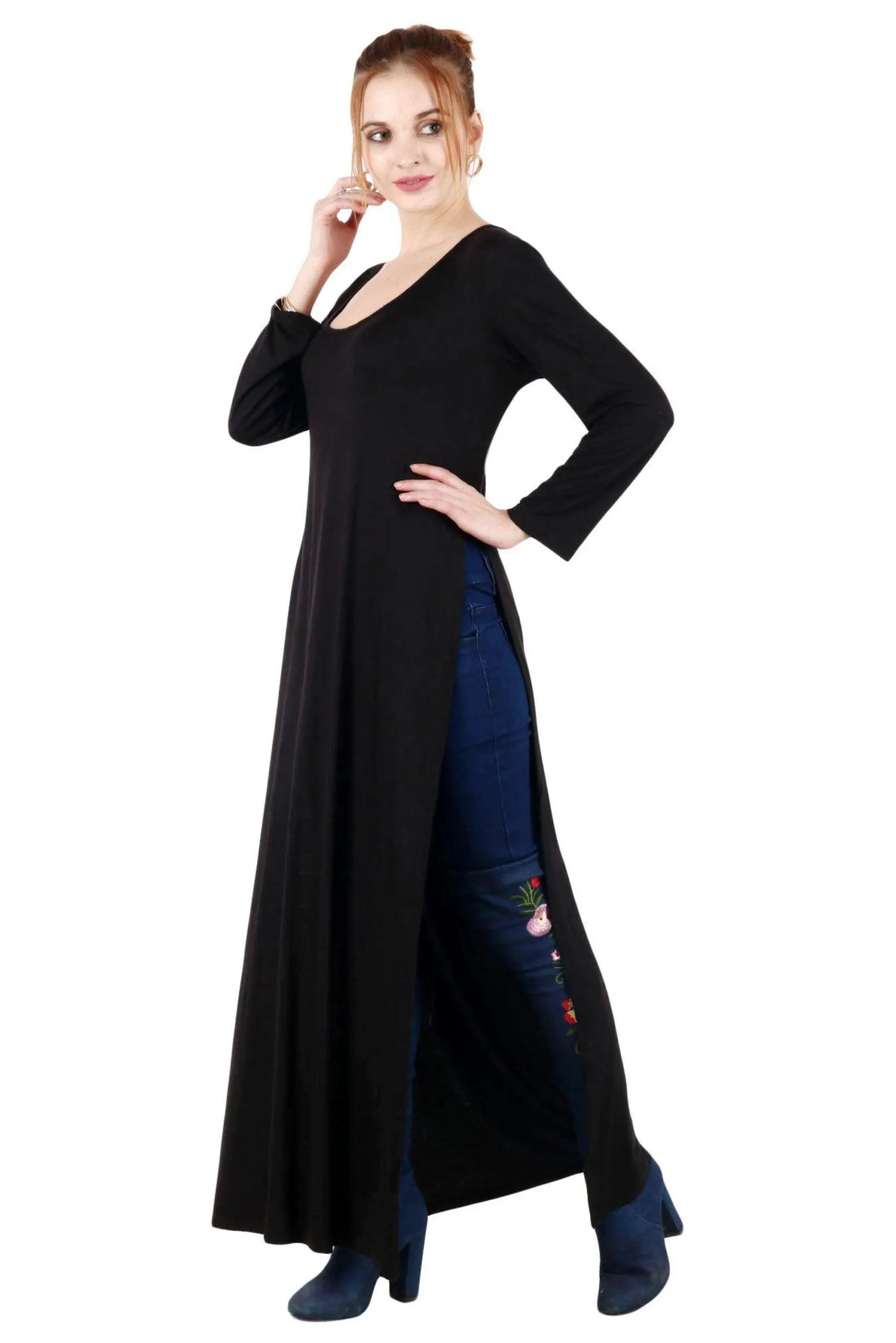 Black Solid Long Side Slit Tunic