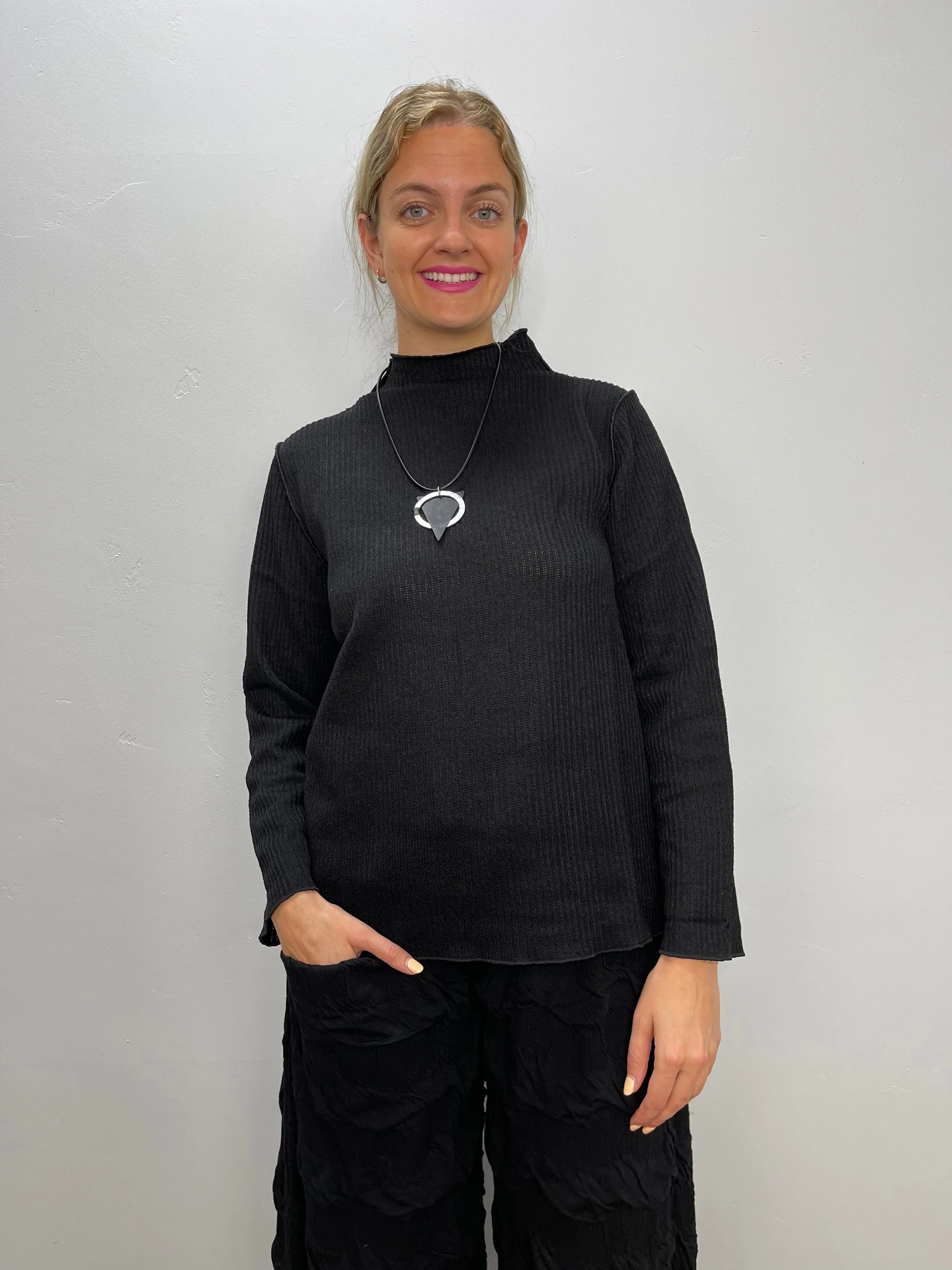 Black Stand Up Ribbed Mock Neck Top