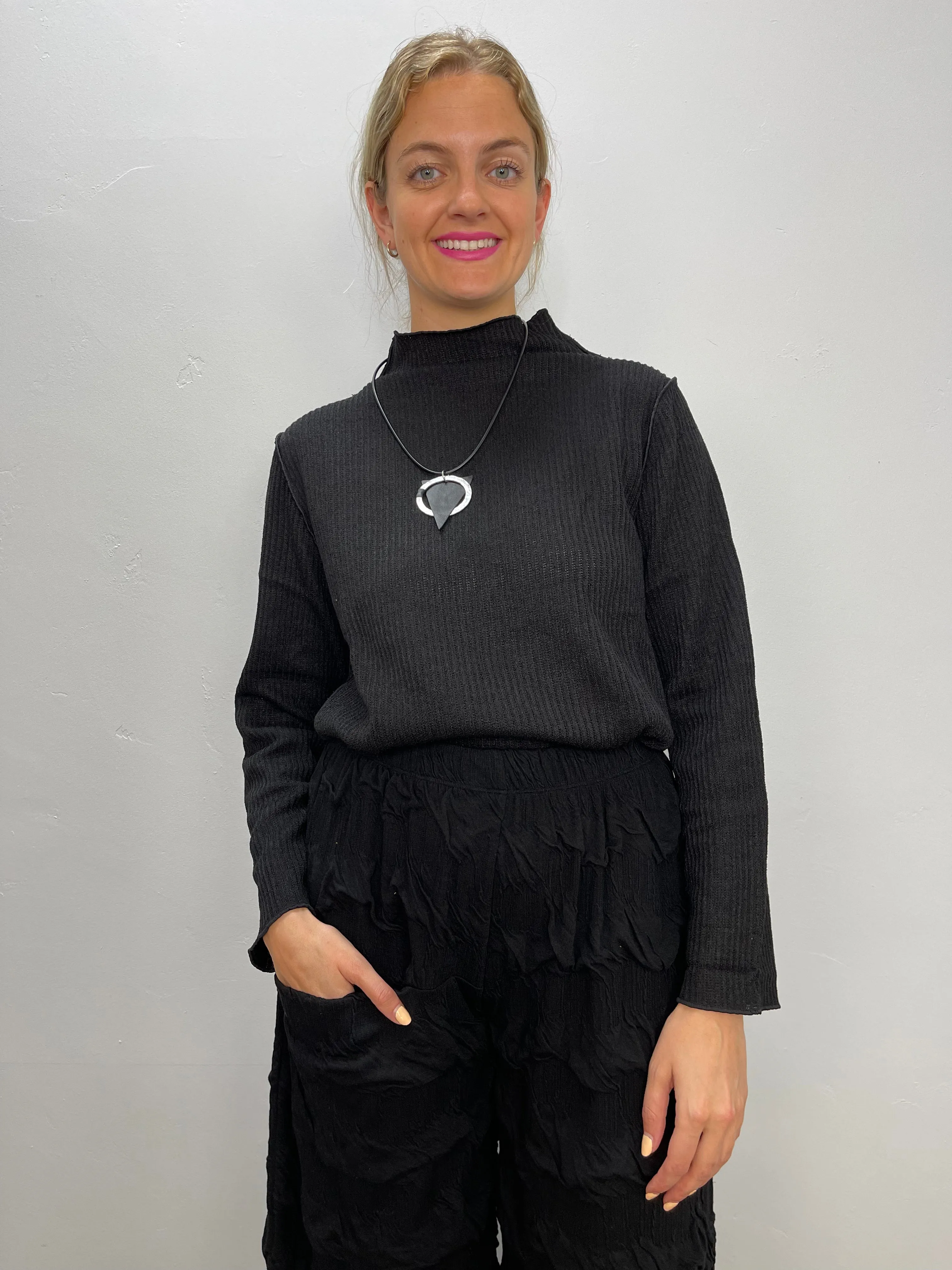 Black Stand Up Ribbed Mock Neck Top