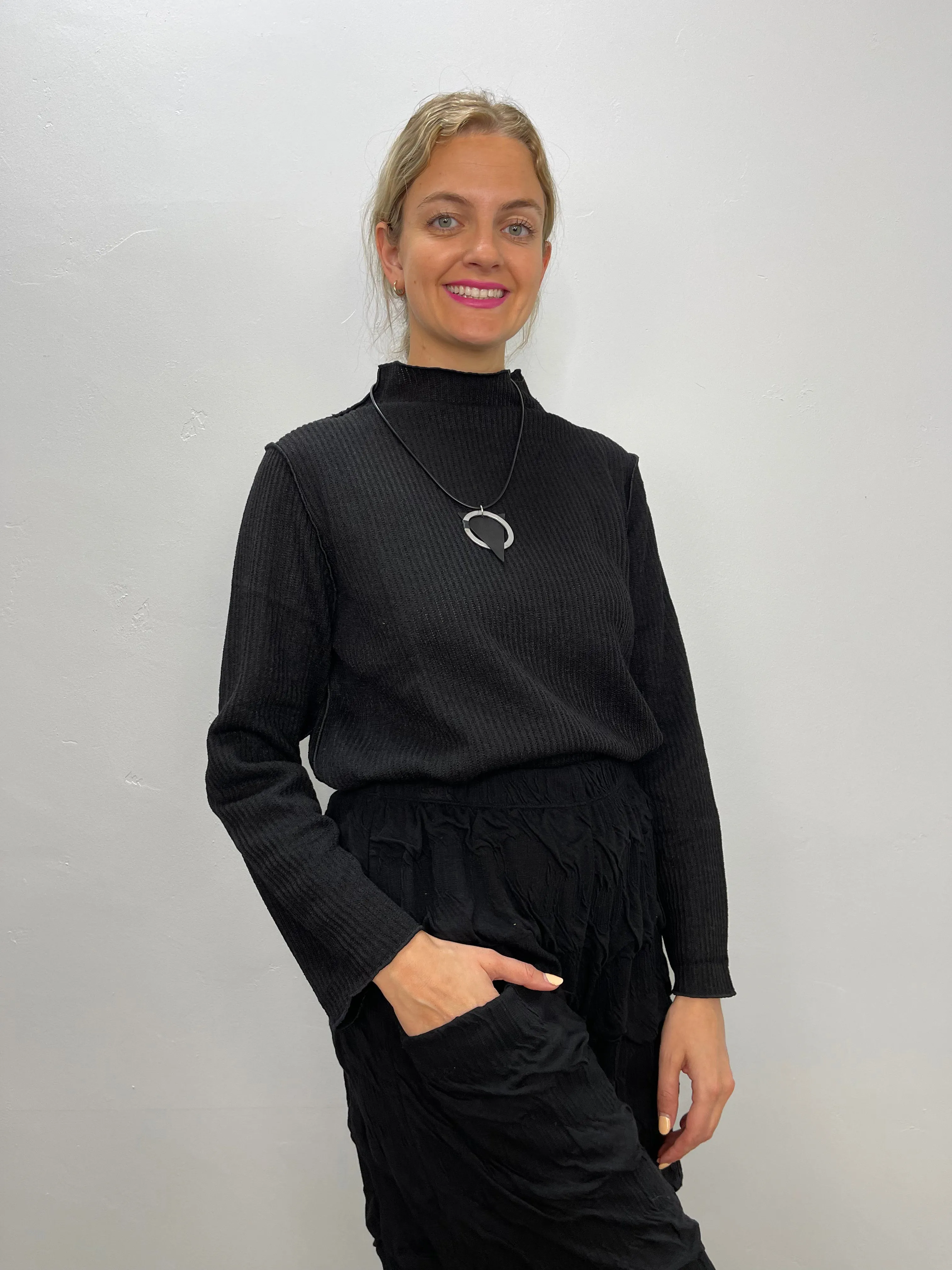 Black Stand Up Ribbed Mock Neck Top