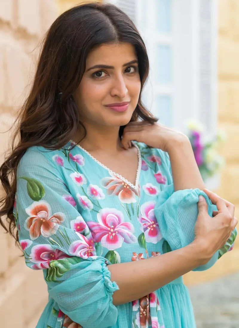 Blue Chic Floral Printed Short Kurtis with Flair