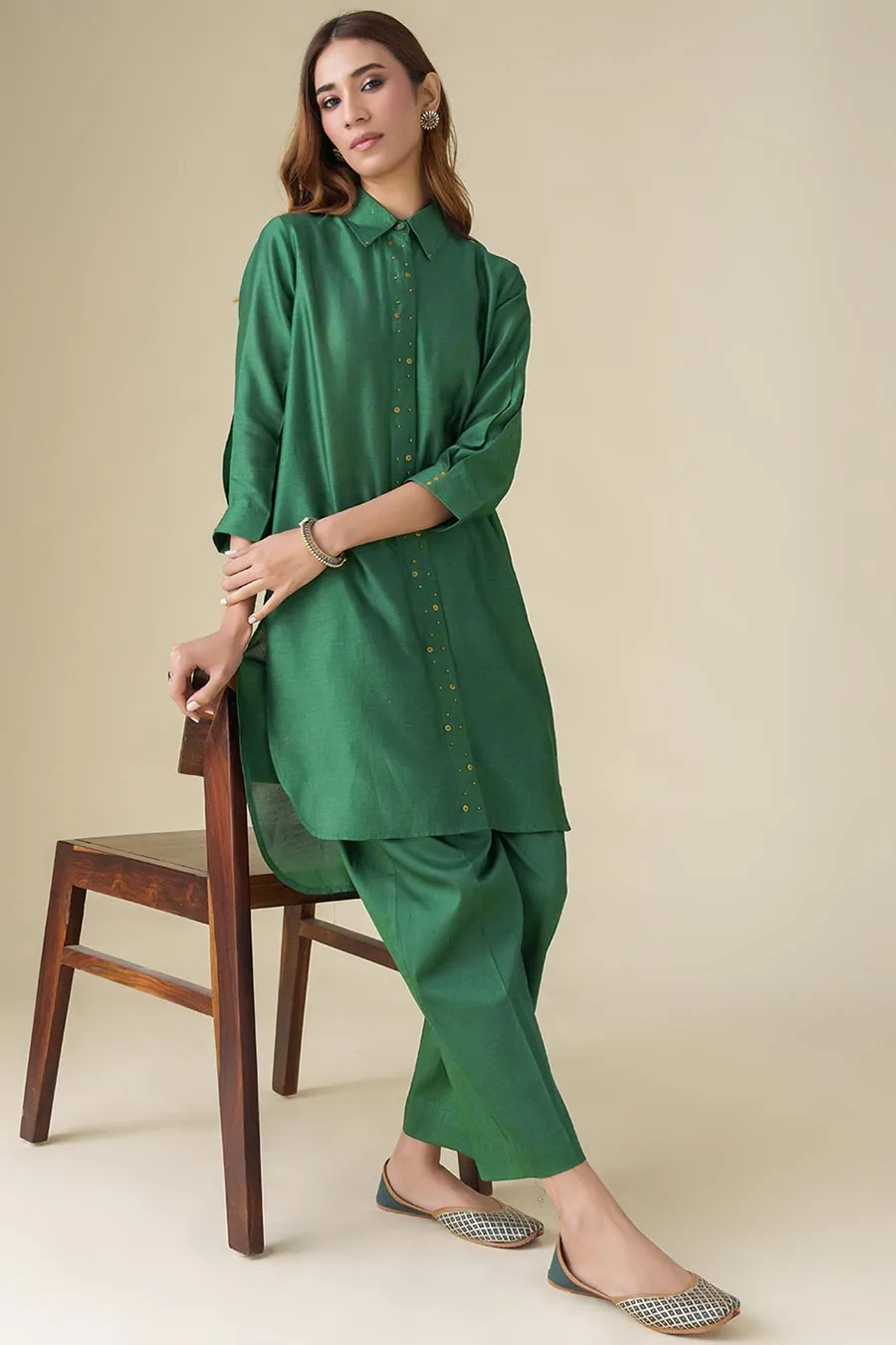 Bottle Green Embellished Tunic & Pants (Set of 2)