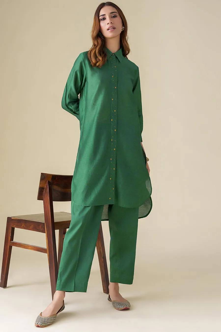 Bottle Green Embellished Tunic & Pants (Set of 2)