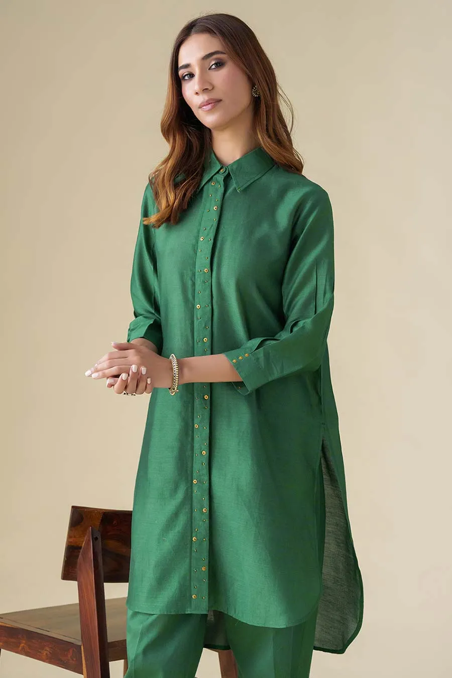 Bottle Green Embellished Tunic & Pants (Set of 2)