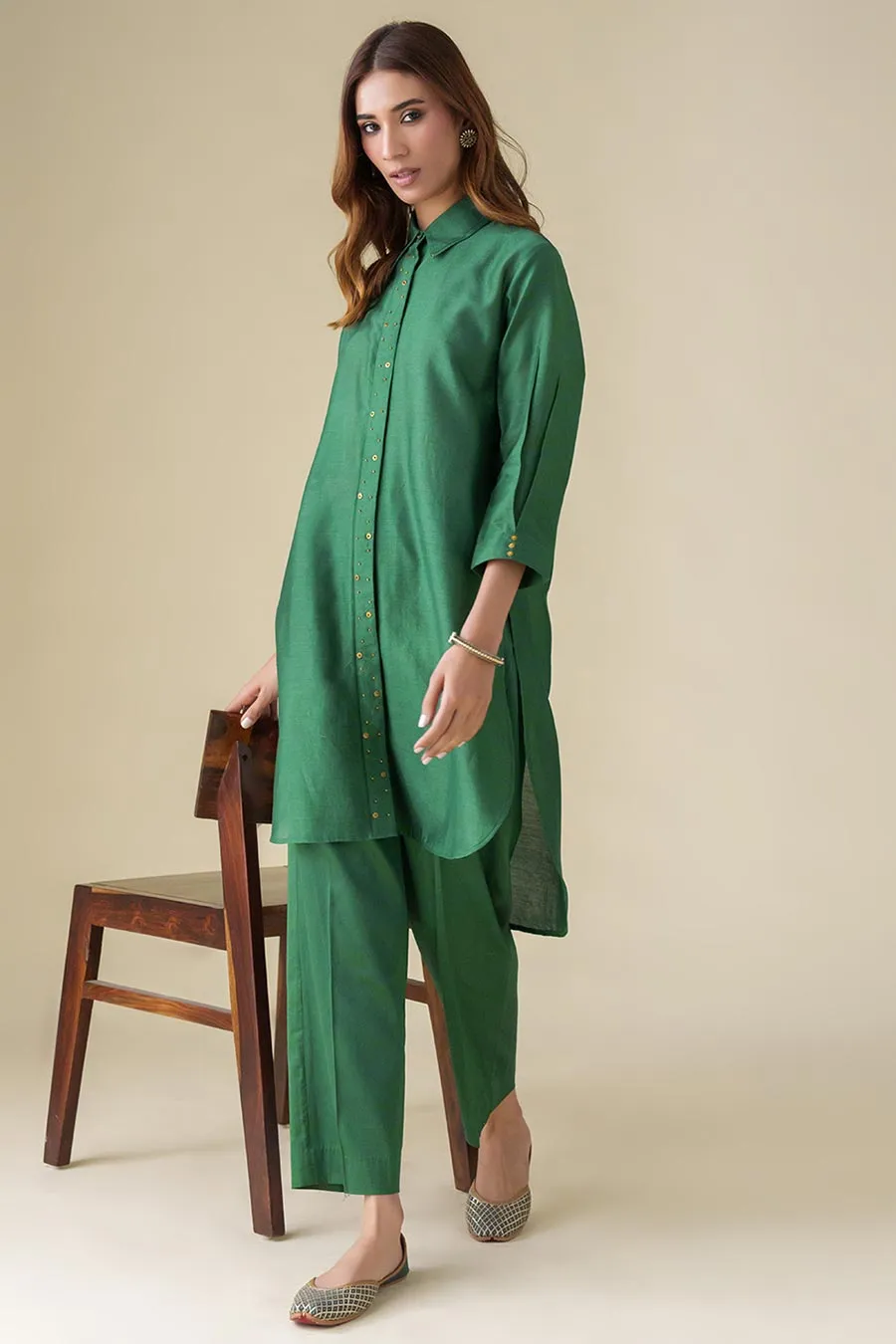Bottle Green Embellished Tunic & Pants (Set of 2)