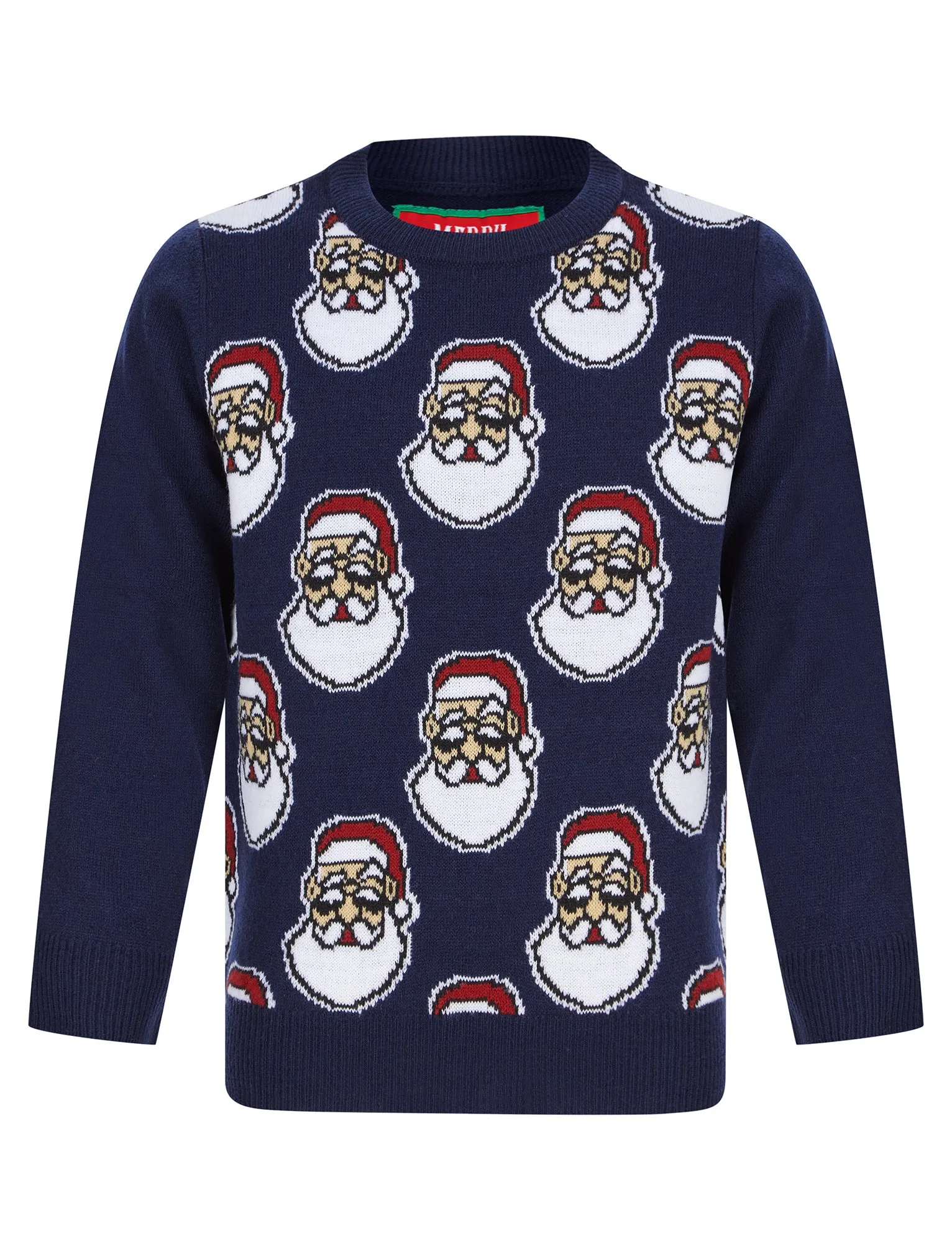 Boy's Santa Head Repeat Novelty Christmas Jumper in Ocean Cavern - Merry Christmas Kids (4-12yrs)