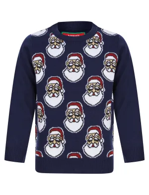 Boy's Santa Head Repeat Novelty Christmas Jumper in Ocean Cavern - Merry Christmas Kids (4-12yrs)