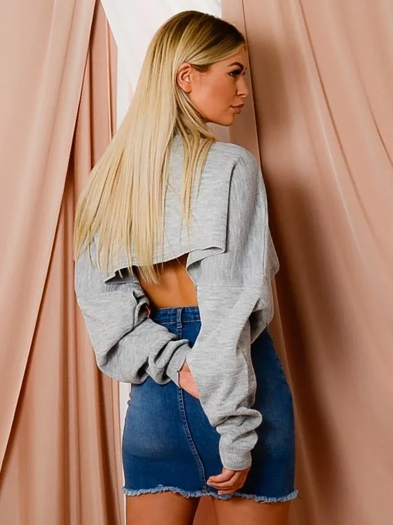 Callie Cropped Batwing Knitted Jumper In Grey