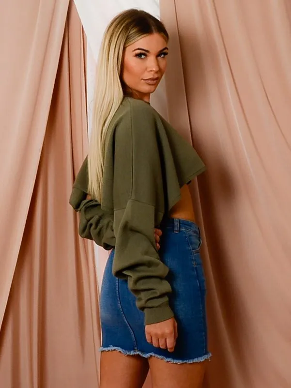 Callie Cropped Batwing Knitted Jumper In Khaki