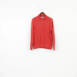 Calvin Klein Men L Jumper Red Collar Zip Neck Logo Cotton Sweater Top