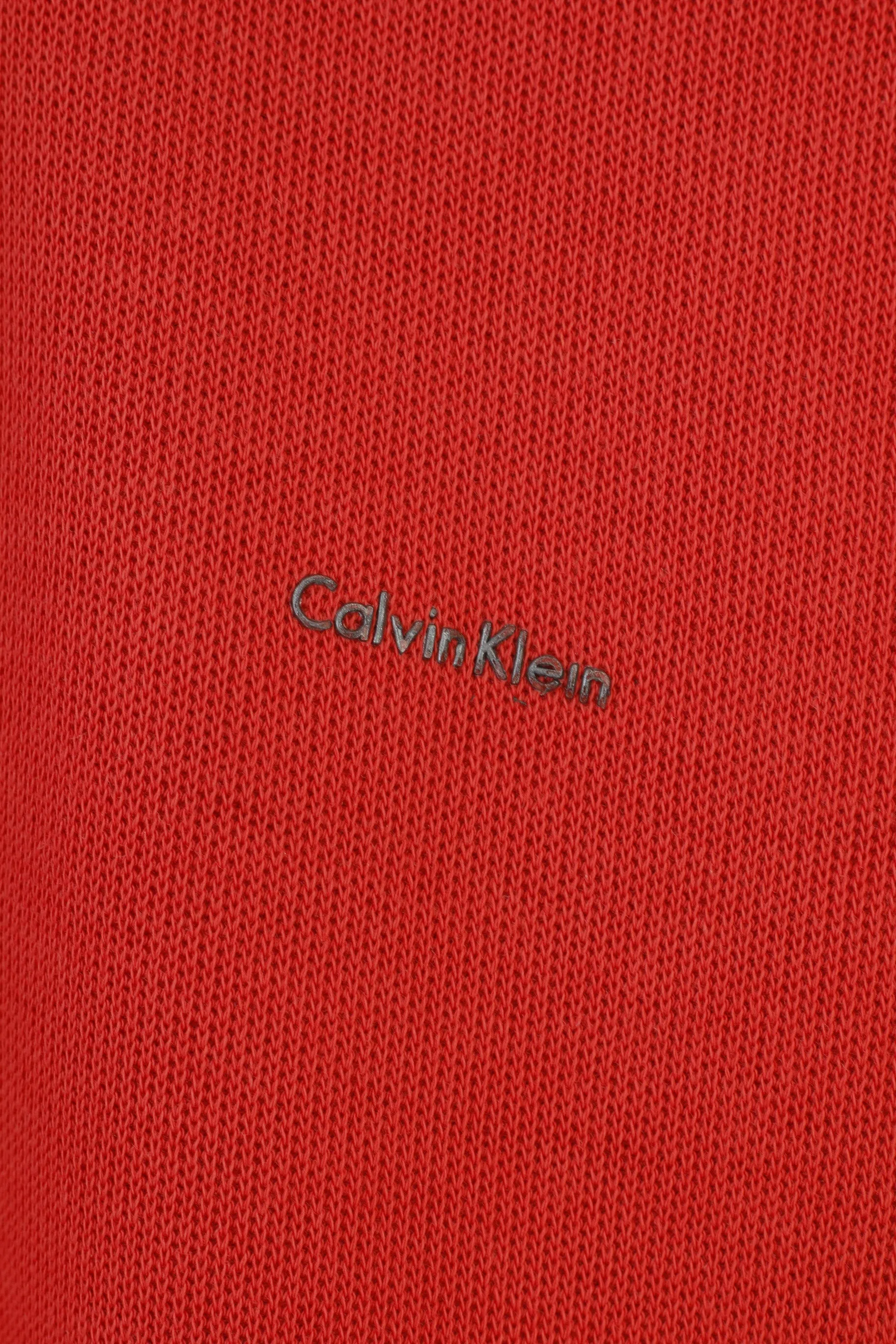 Calvin Klein Men L Jumper Red Collar Zip Neck Logo Cotton Sweater Top