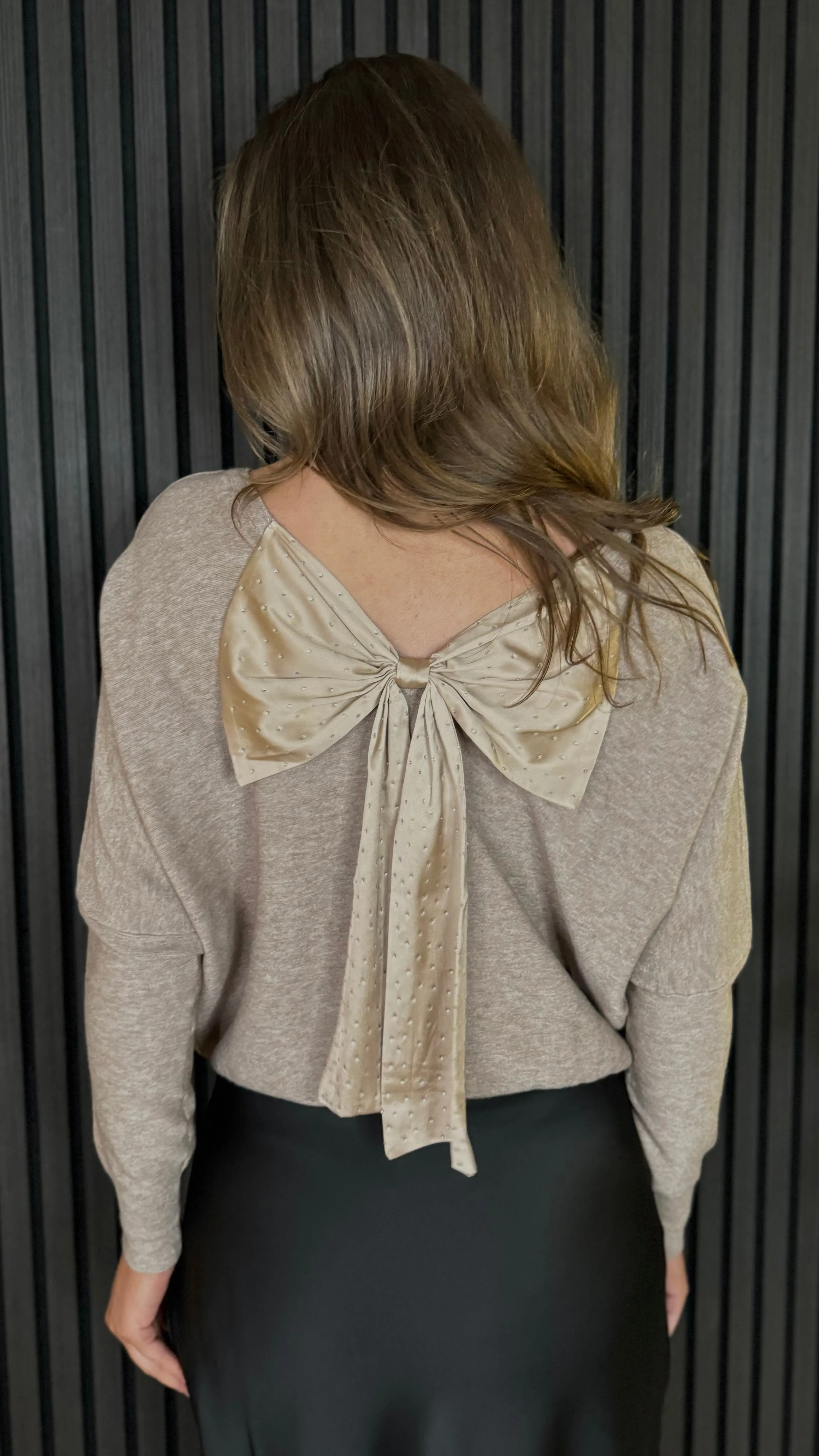 Carley Taupe Sequin Bow Detail Knit Jumper