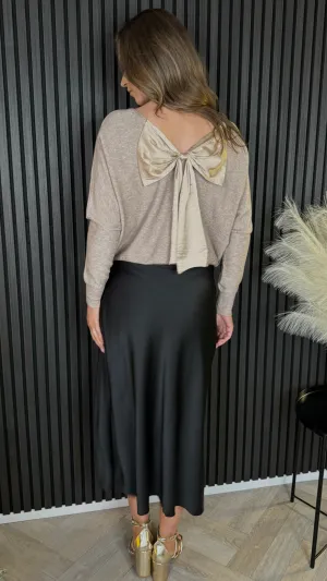 Carley Taupe Sequin Bow Detail Knit Jumper