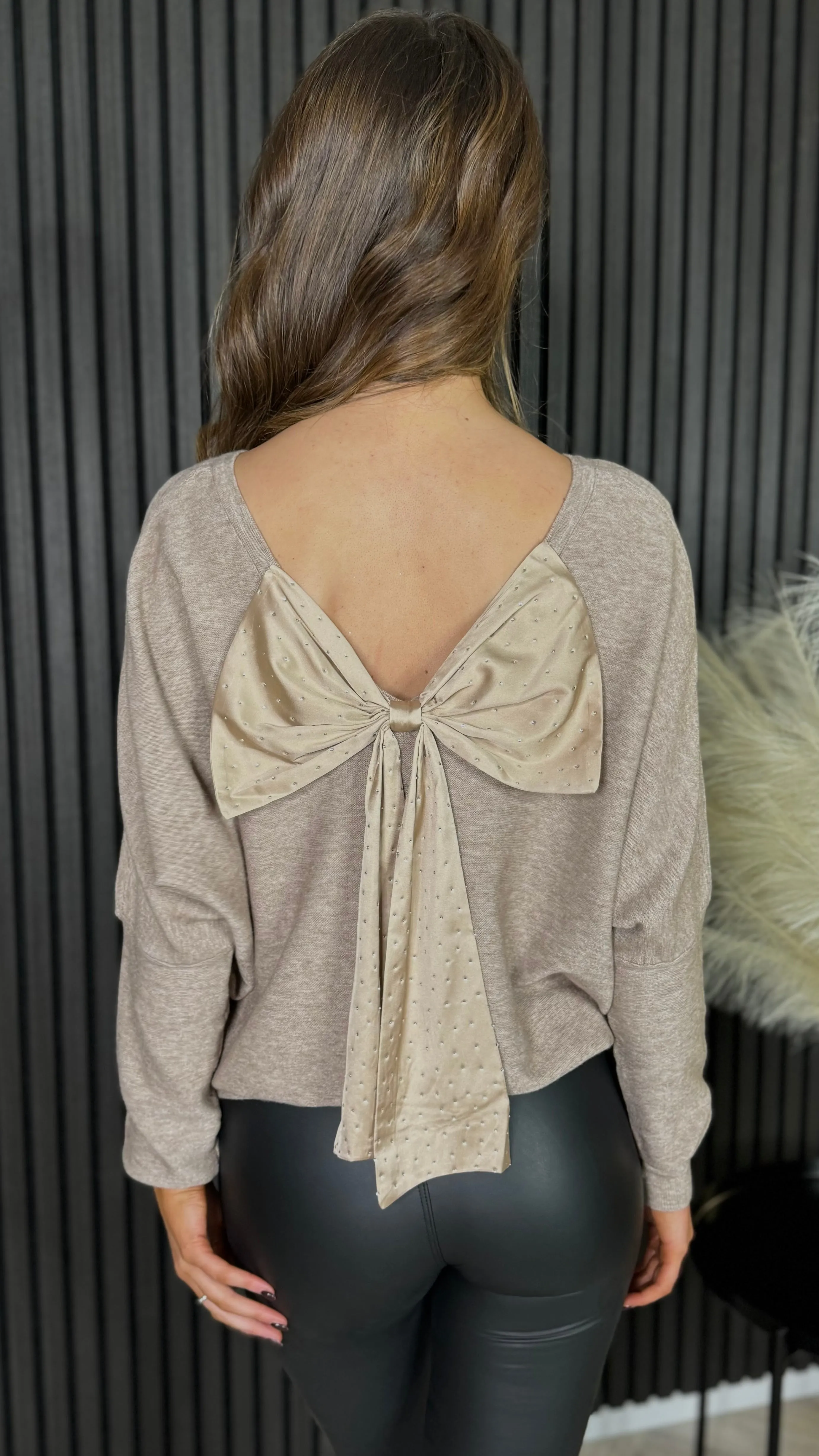 Carley Taupe Sequin Bow Detail Knit Jumper