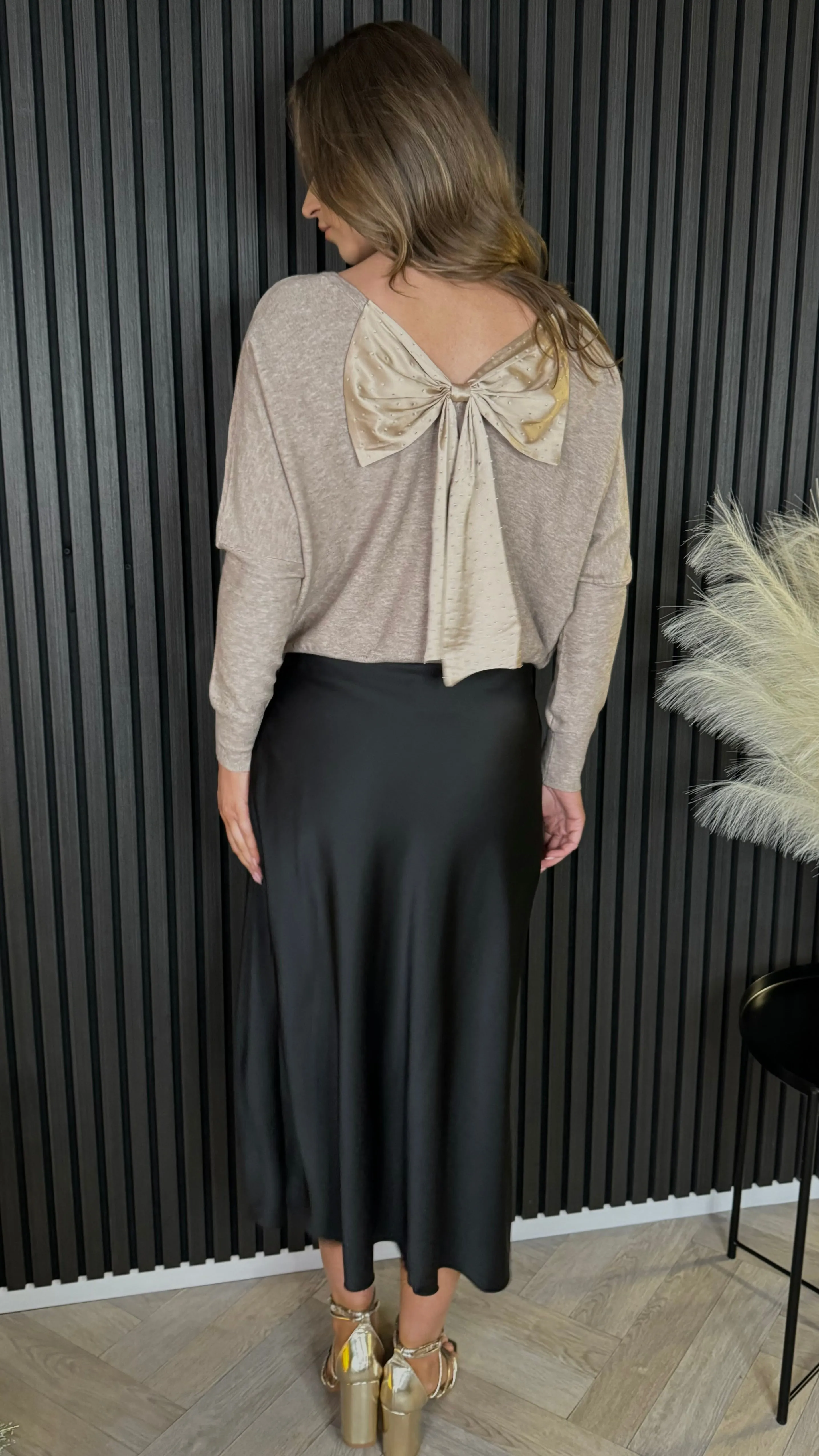 Carley Taupe Sequin Bow Detail Knit Jumper