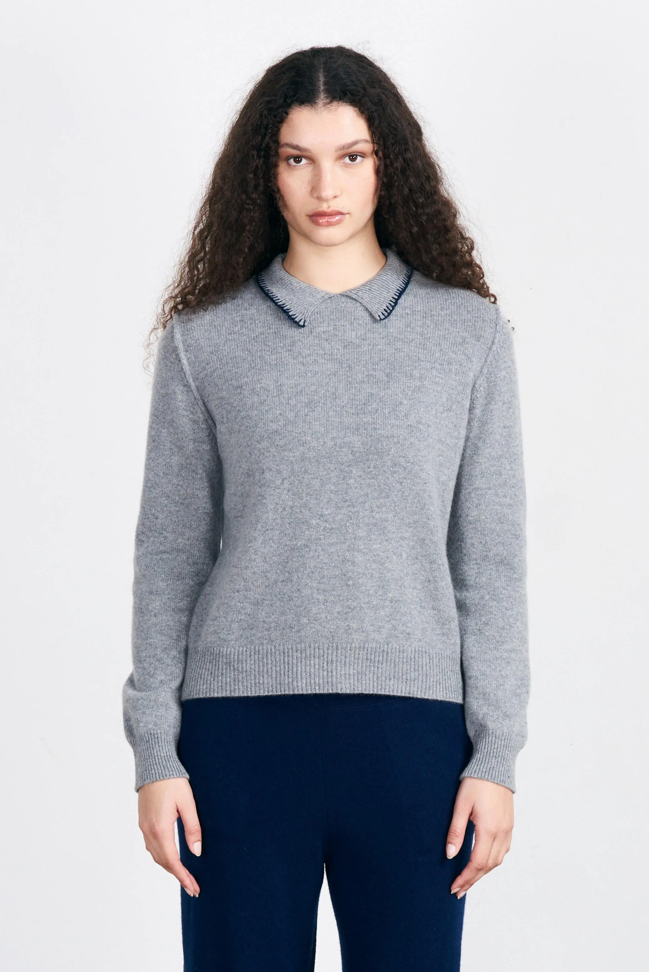 Cashmere Blanket Stitch Collar in Mid Grey