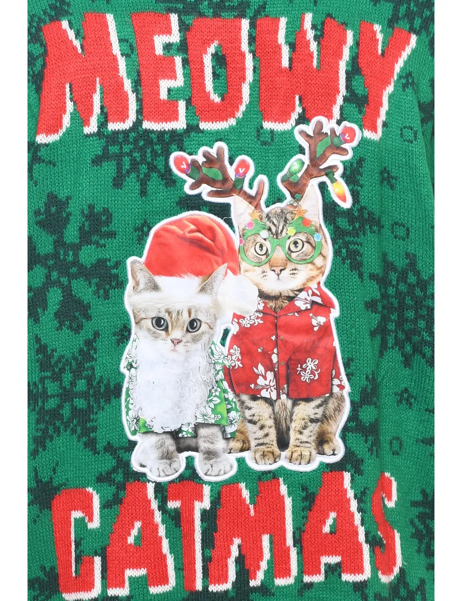 Cat Printed Christmas Jumper - L