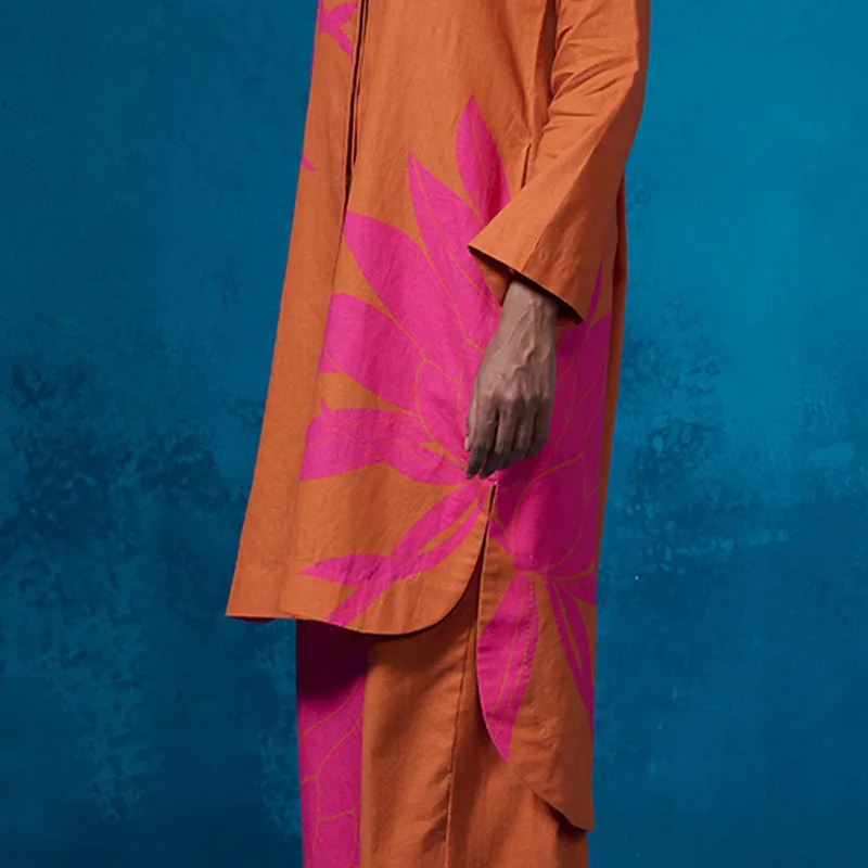 Chanderi Kurta Set For Women | Floral Printed | Orange