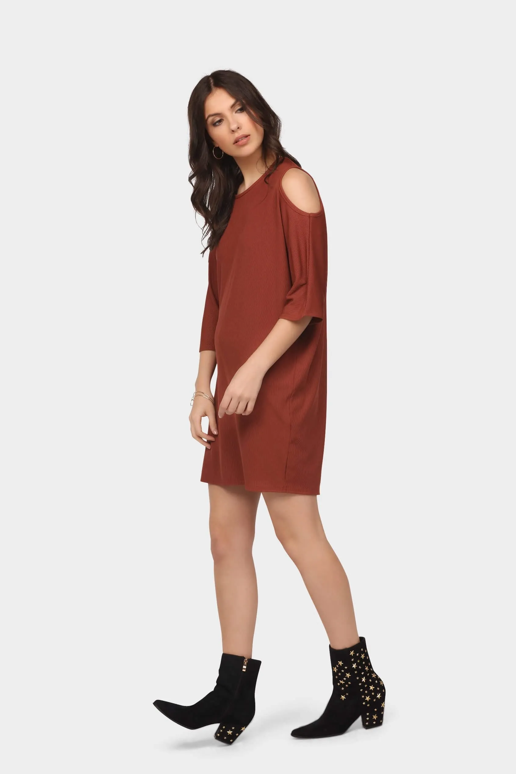 Chestnut Cold Shoulder Tunic Dress