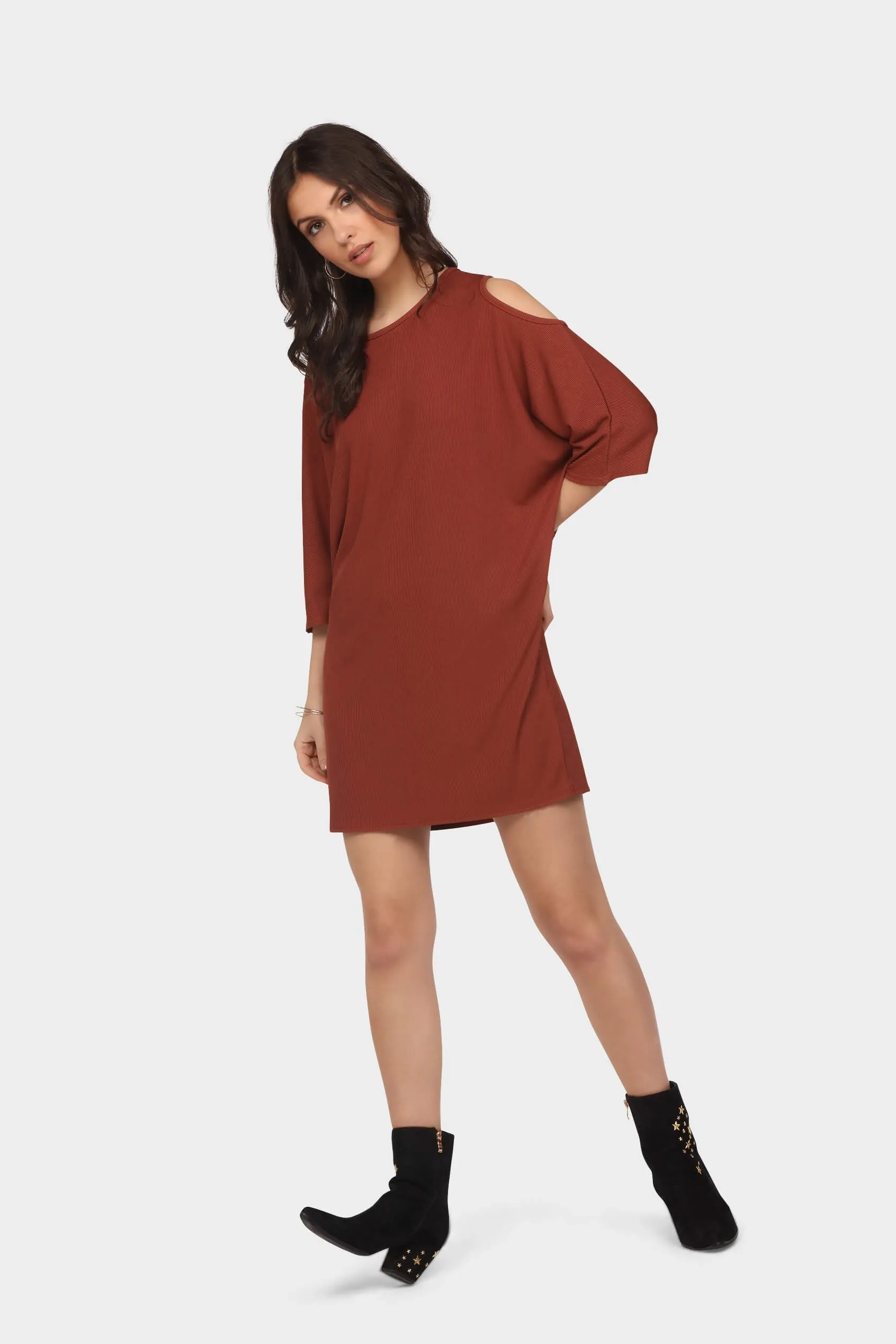 Chestnut Cold Shoulder Tunic Dress