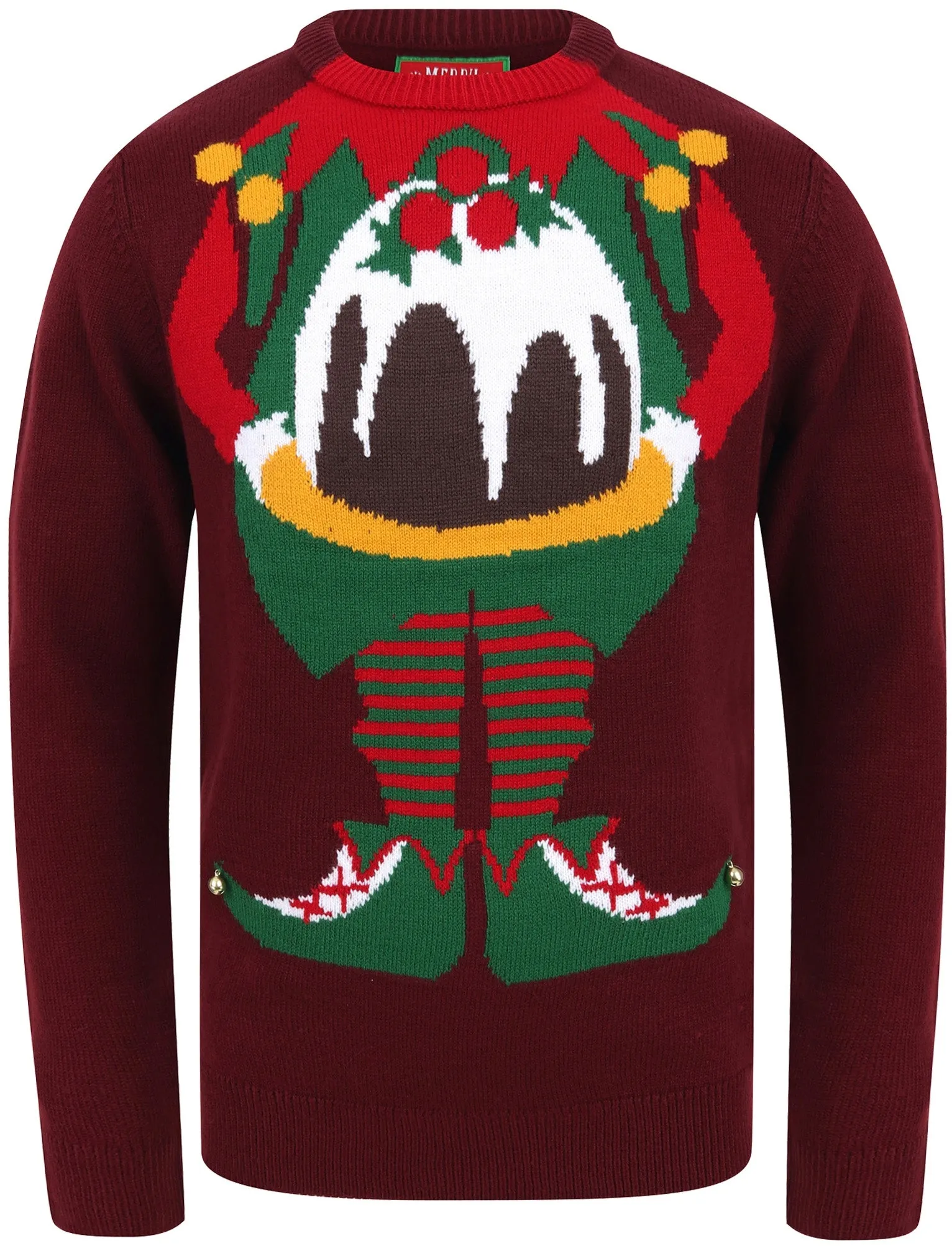 Chill Out Elf Motif Novelty Christmas Jumper in Oxblood - Season’s Greetings