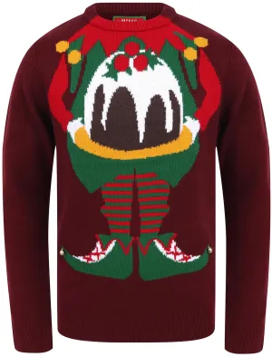 Chill Out Elf Motif Novelty Christmas Jumper in Oxblood - Season’s Greetings