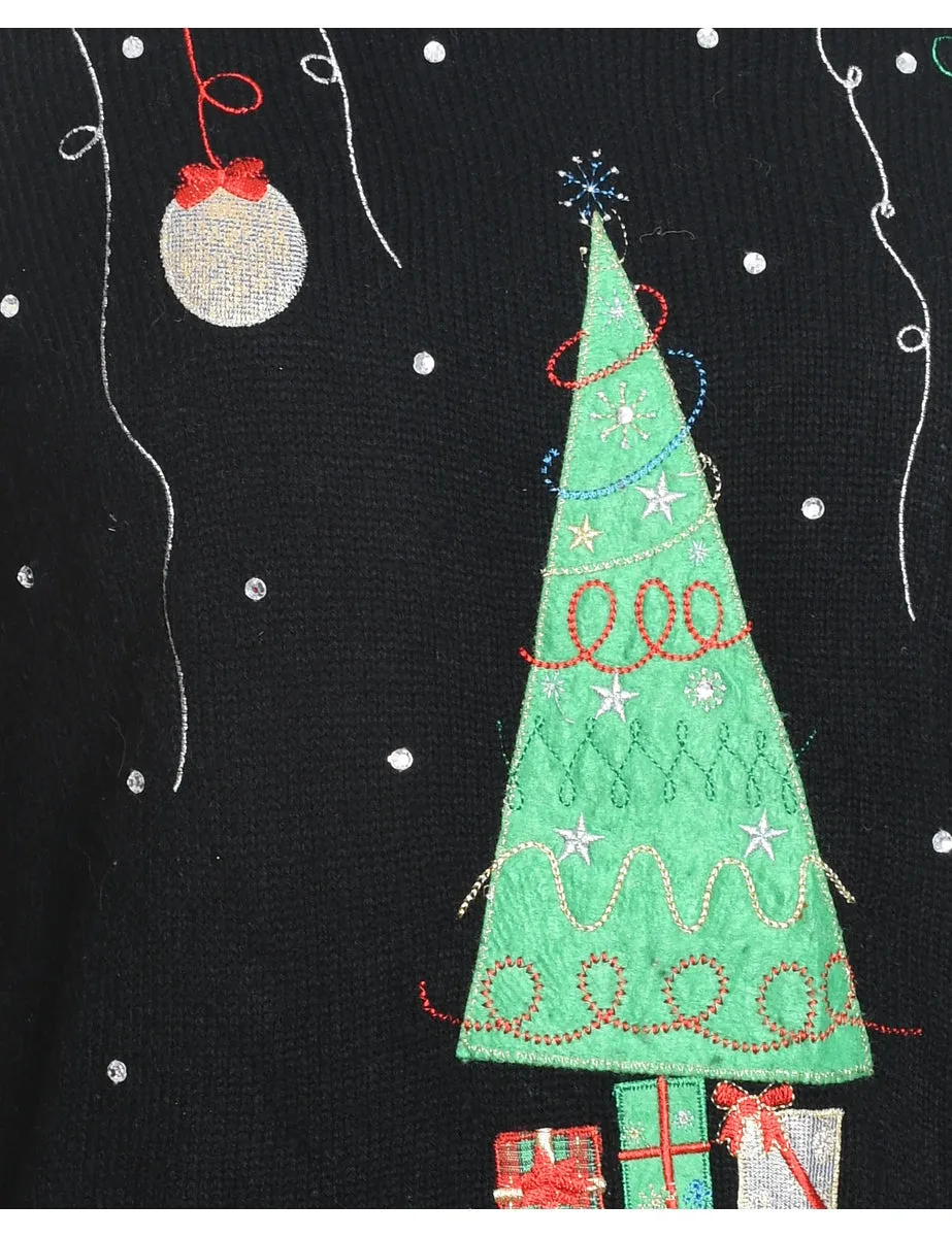 Christmas Tree Design Black Embroidered Knit Jumper - M