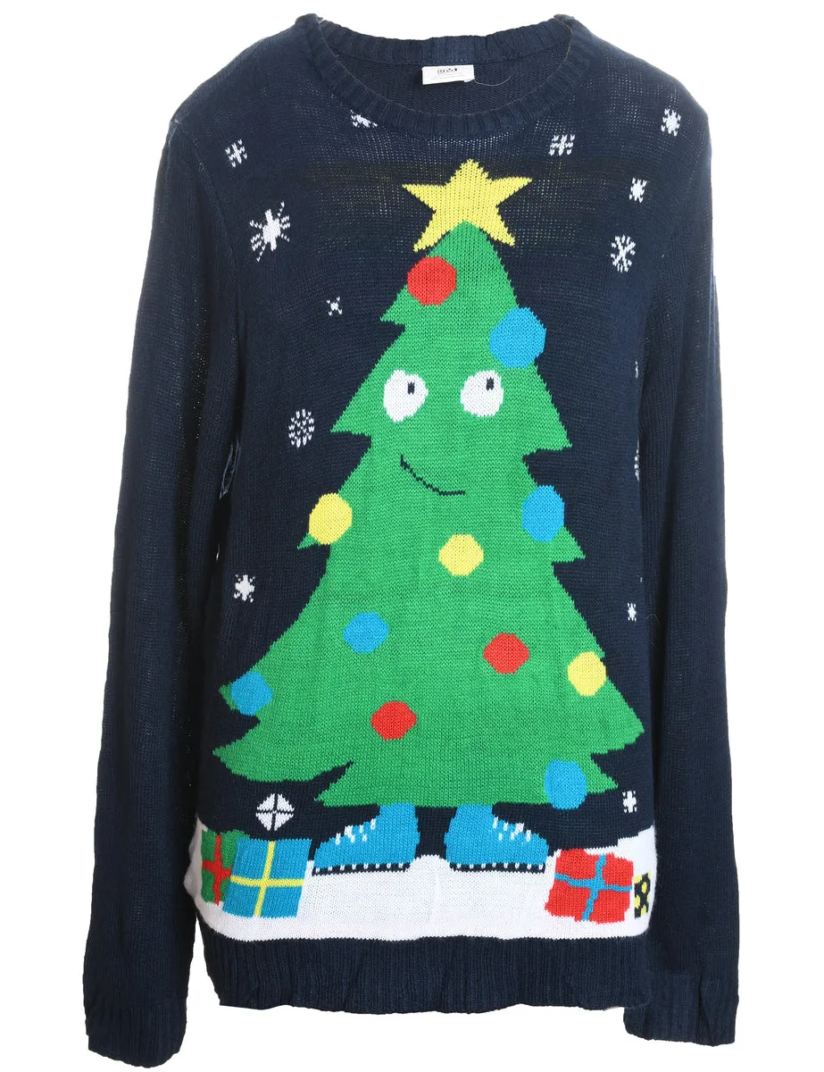 Christmas Tree Design Navy Knit Jumper - XL