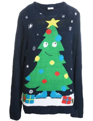 Christmas Tree Design Navy Knit Jumper - XL