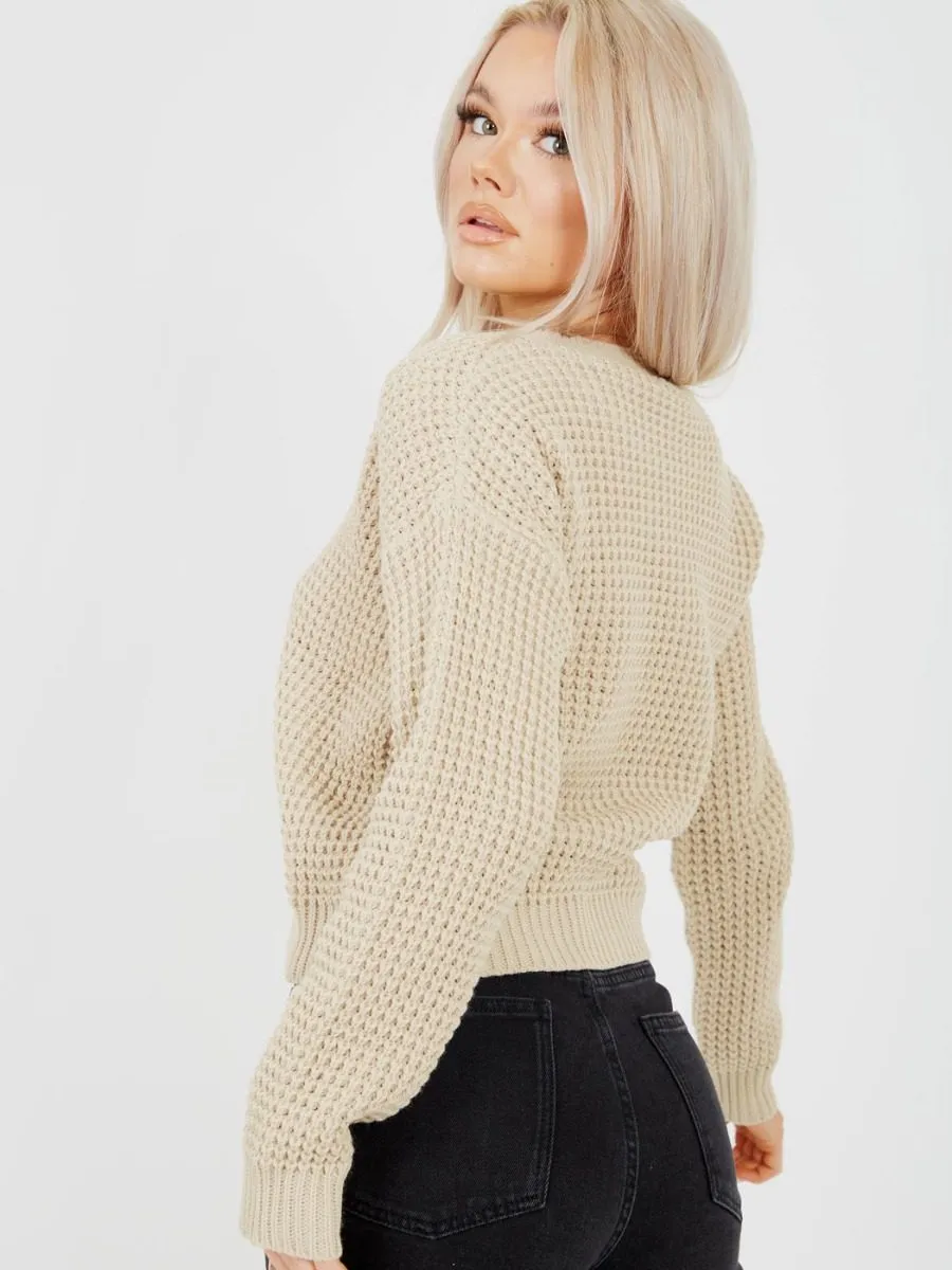 Cliona Fisherman Knitted Cropped Jumper In Stone