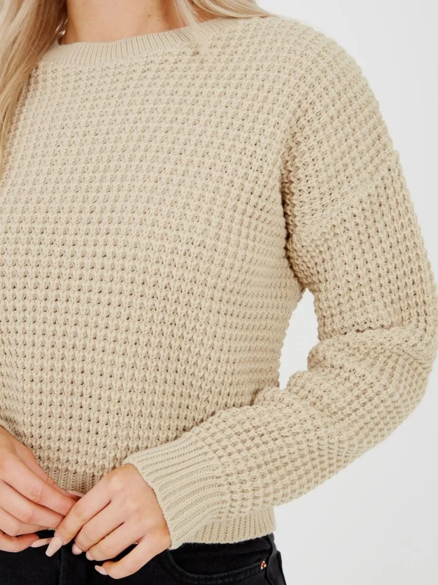 Cliona Fisherman Knitted Cropped Jumper In Stone