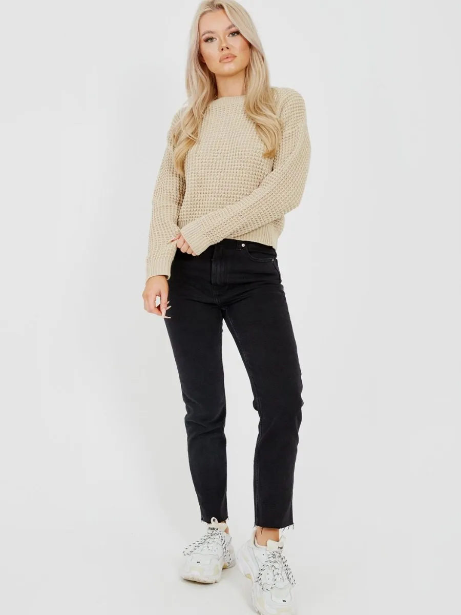 Cliona Fisherman Knitted Cropped Jumper In Stone
