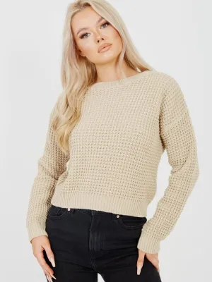 Cliona Fisherman Knitted Cropped Jumper In Stone