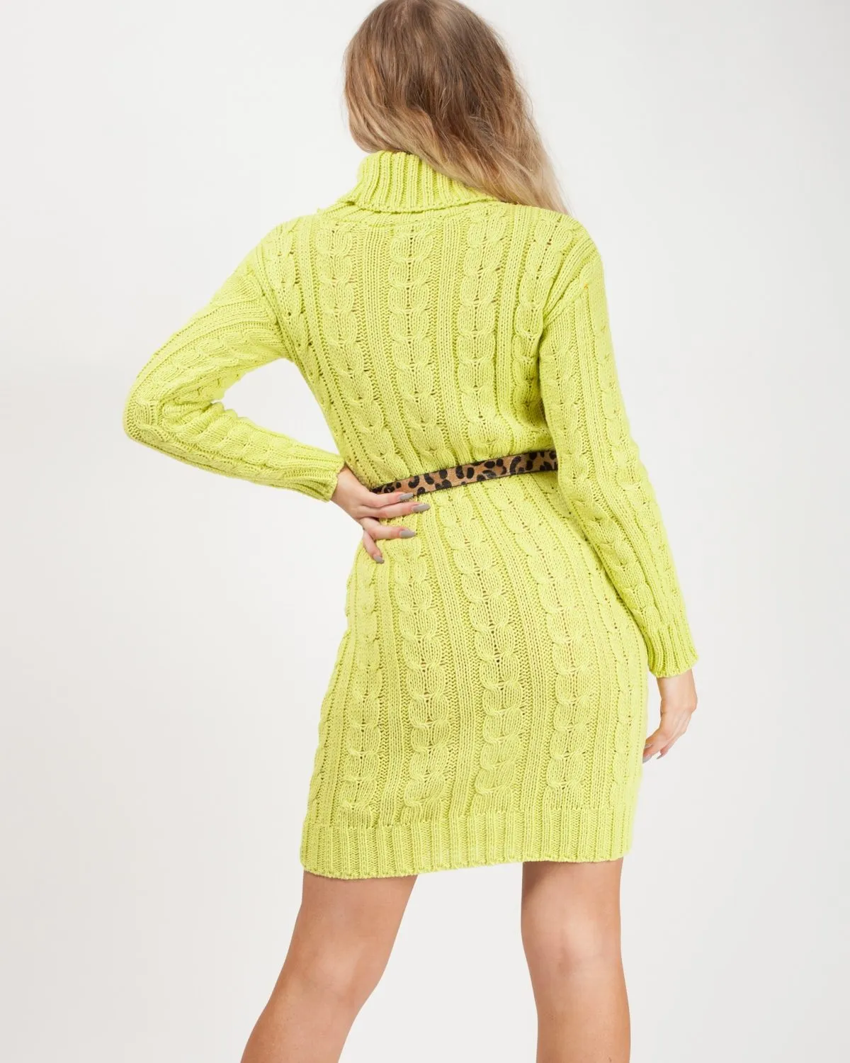 Connie Roll Neck Cable Knit Jumper Dress In Lime