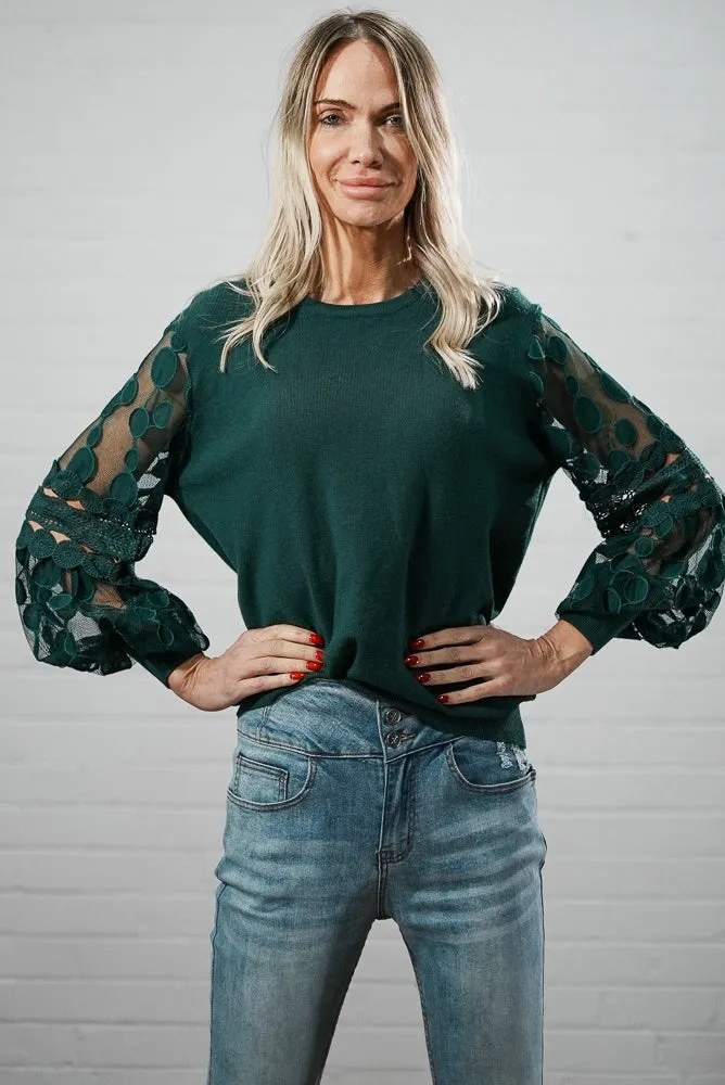 Crew neck jumper with mesh and print puffer sleeves | MESH LACE KNIT