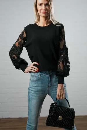 Crew neck jumper with mesh and print puffer sleeves | MESH LACE KNIT