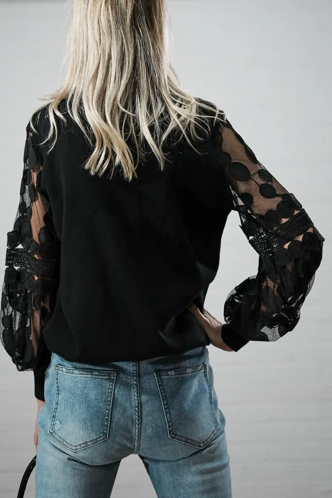 Crew neck jumper with mesh and print puffer sleeves | MESH LACE KNIT