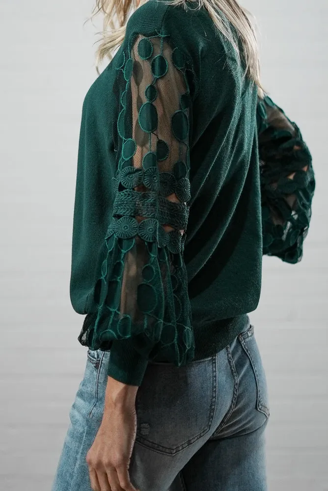 Crew neck jumper with mesh and print puffer sleeves | MESH LACE KNIT