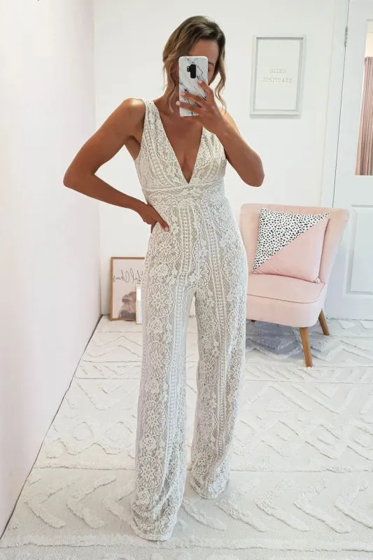 Fashion Nova Size S So in Love Lace Jumpsuit Ivory/Nude Jumper