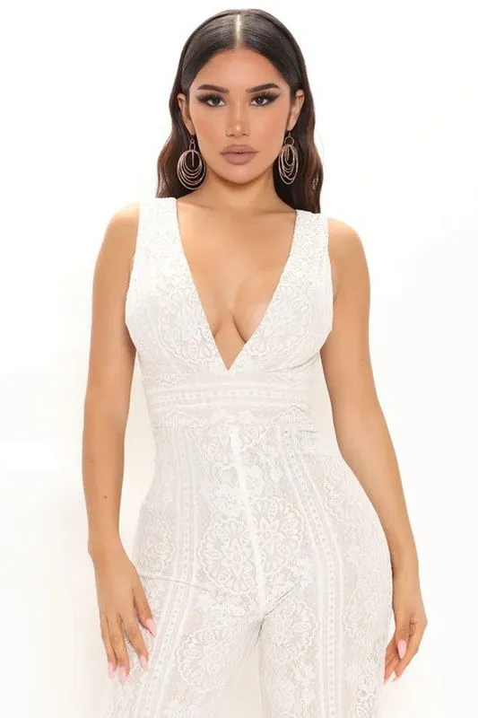 Fashion Nova Size S So in Love Lace Jumpsuit Ivory/Nude Jumper